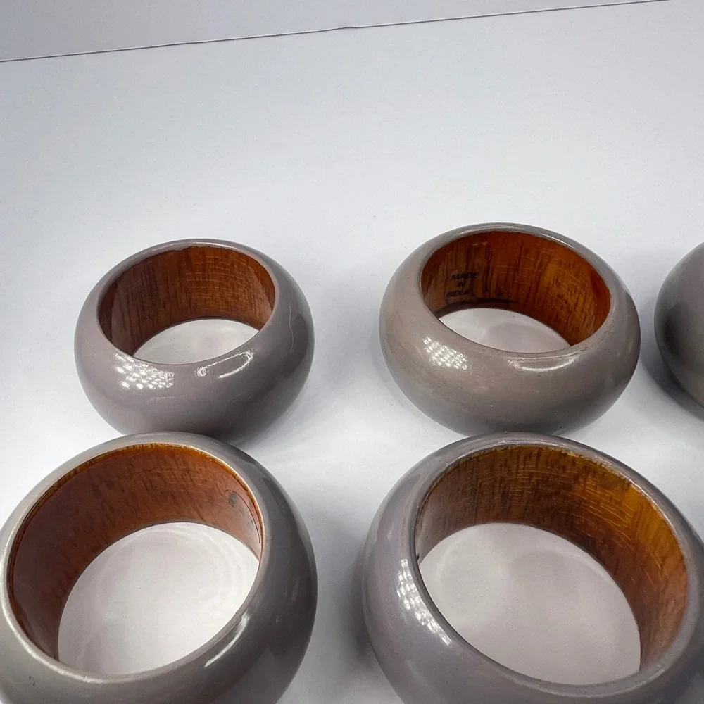 6 Vintage Wood Greige Napkin Rings‎ Made in India Taupe Grey Boho Eclectic Retro